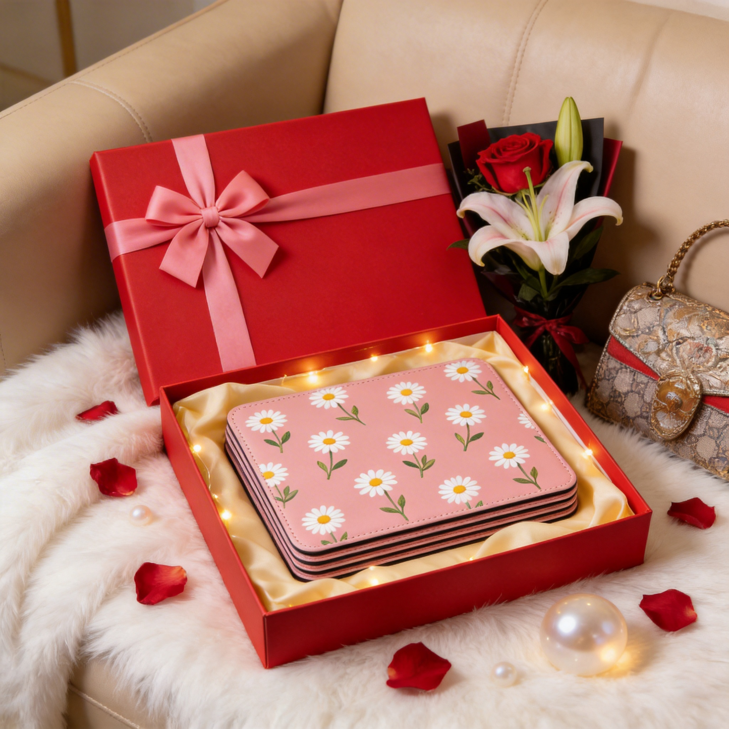 Gift-Worthy | Smooth Leather | Fun Office Accessory | Gift for Floral Enthusiasts | Charming Daisy Pattern with Soft Pink Tones | Brightens Up Any Workspace