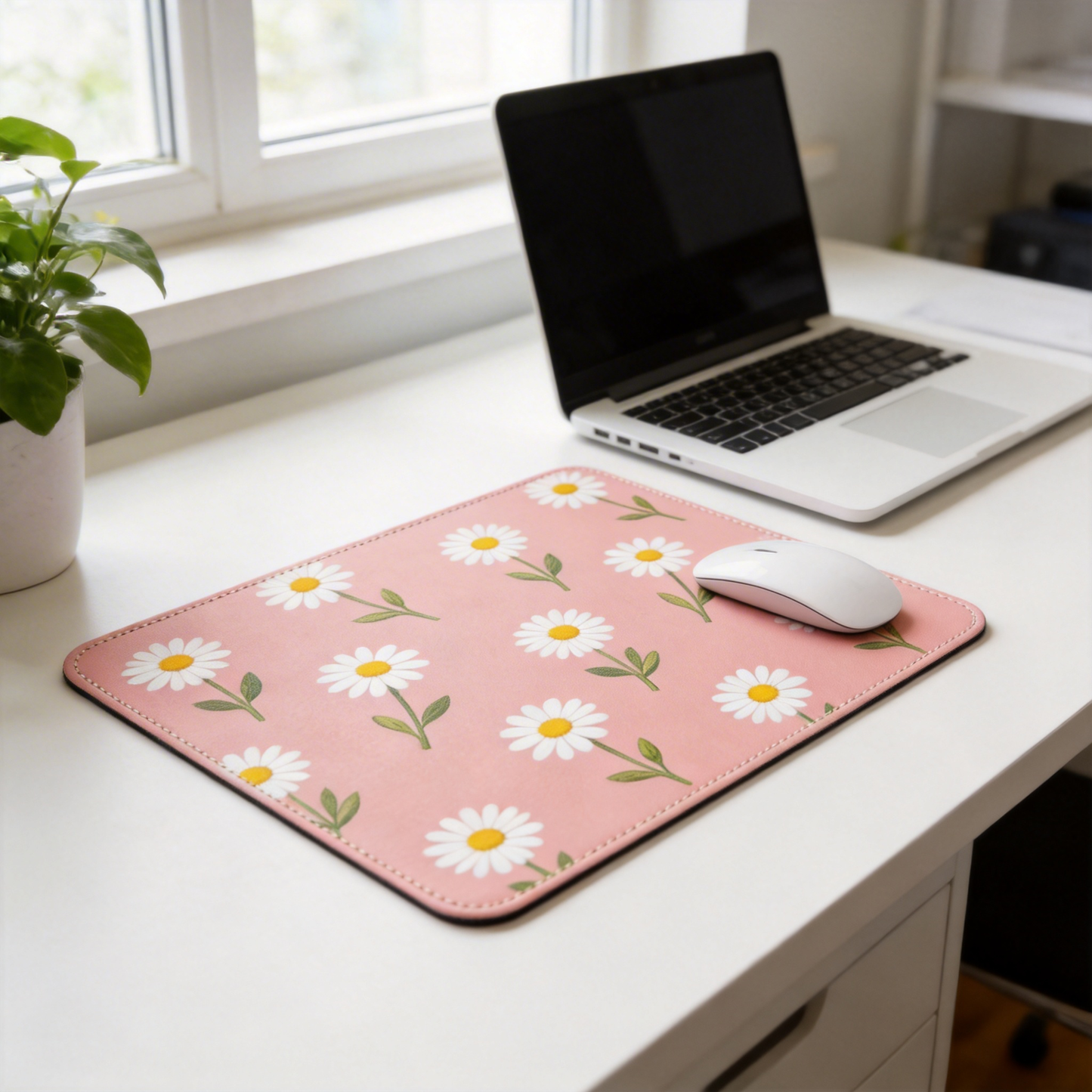 Gift-Worthy | Smooth Leather | Fun Office Accessory | Gift for Floral Enthusiasts | Charming Daisy Pattern with Soft Pink Tones | Brightens Up Any Workspace