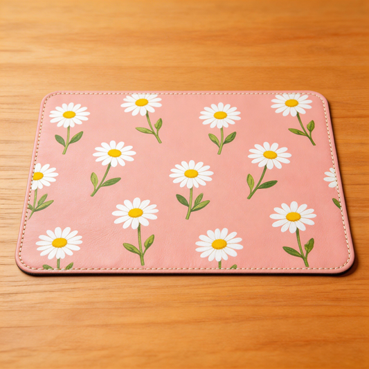 Gift-Worthy | Smooth Leather | Fun Office Accessory | Gift for Floral Enthusiasts | Charming Daisy Pattern with Soft Pink Tones | Brightens Up Any Workspace