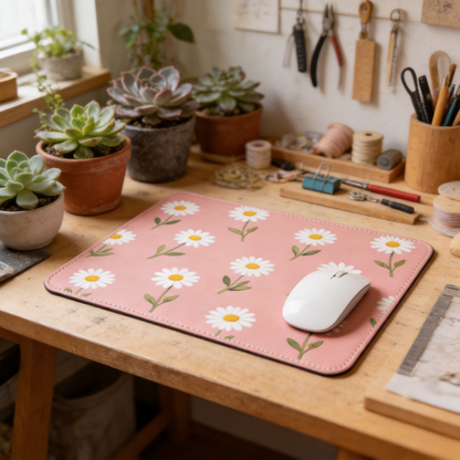 Gift-Worthy | Smooth Leather | Fun Office Accessory | Gift for Floral Enthusiasts | Charming Daisy Pattern with Soft Pink Tones | Brightens Up Any Workspace