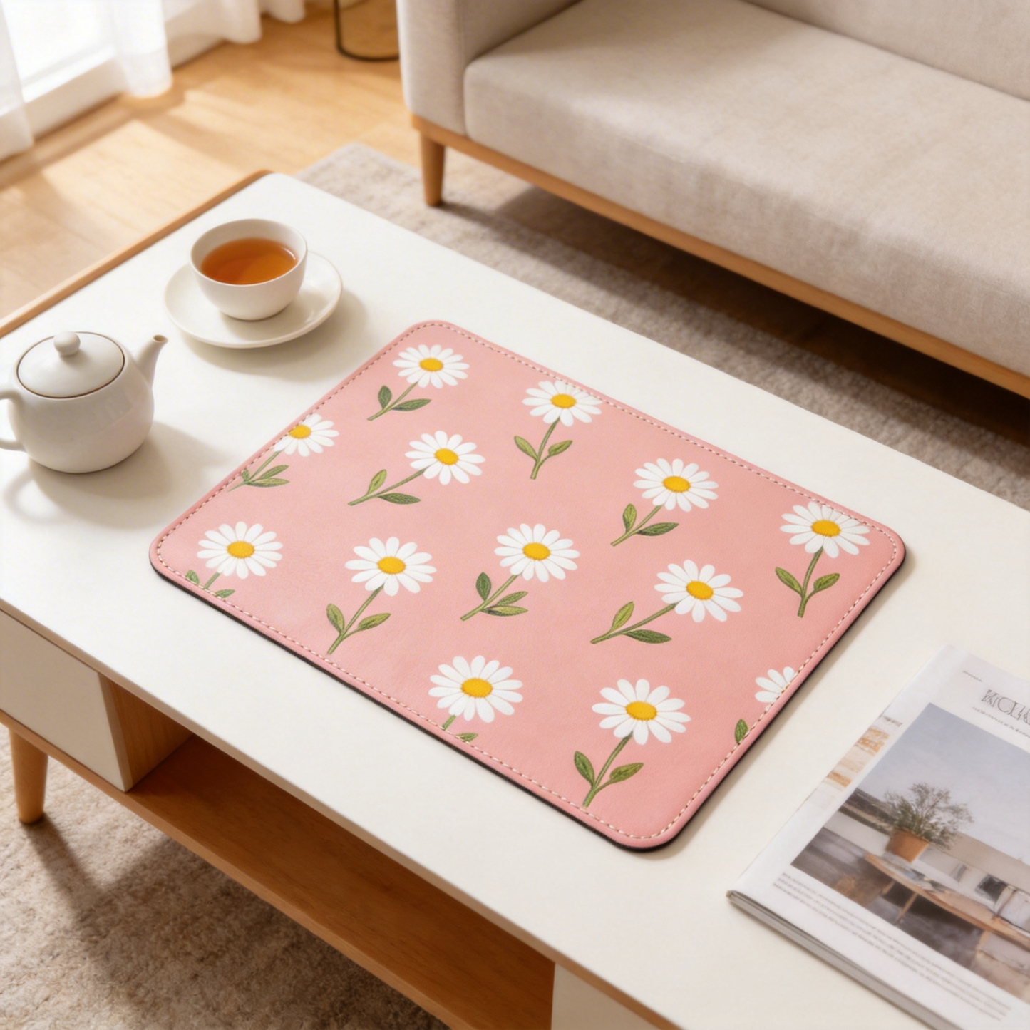 Gift-Worthy | Smooth Leather | Fun Office Accessory | Gift for Floral Enthusiasts | Charming Daisy Pattern with Soft Pink Tones | Brightens Up Any Workspace
